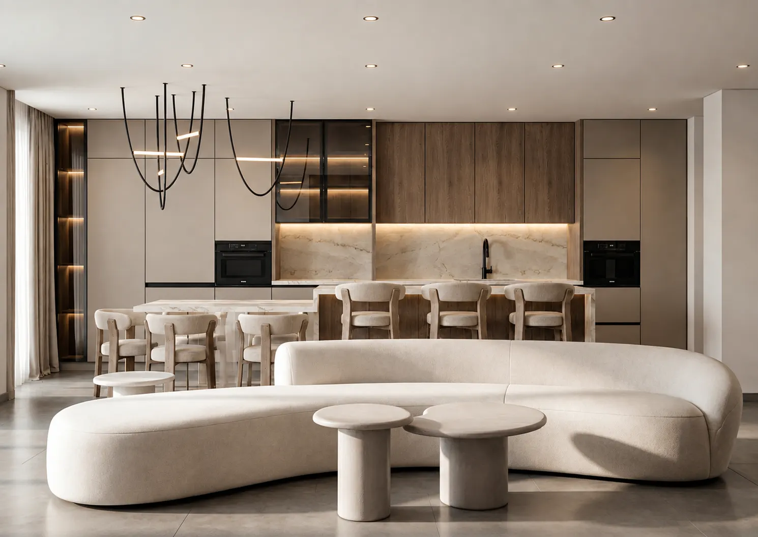 Render de cocina abierta al salón en tonos arena con isla y office