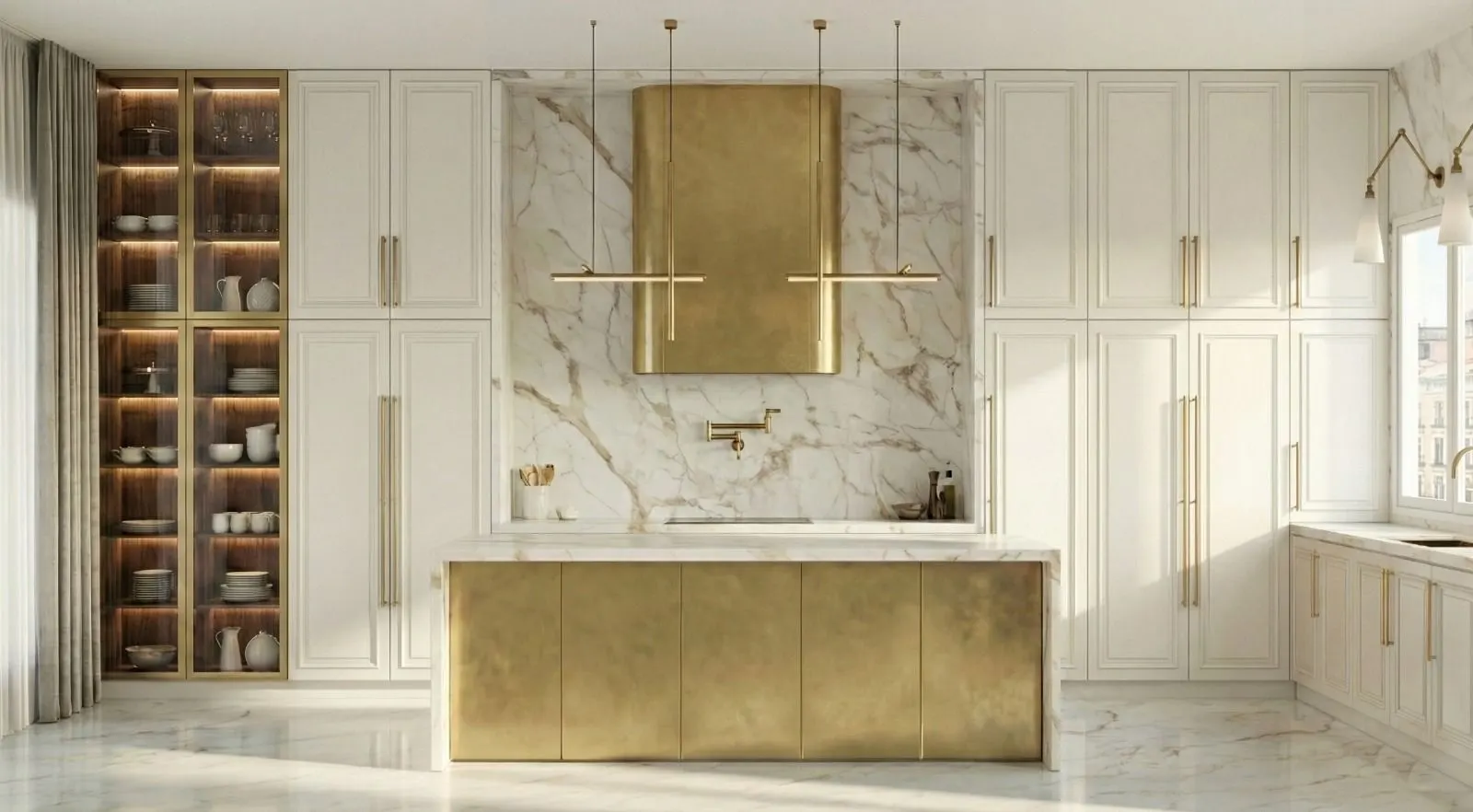 Render de cocina clásica en blanco y latón con isla y frente de mármol