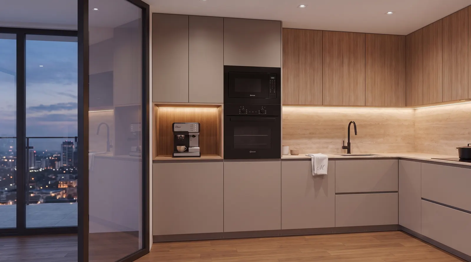 Render de cocina en L en tonos arena y roble, con travertino y luz bajo muebles altos