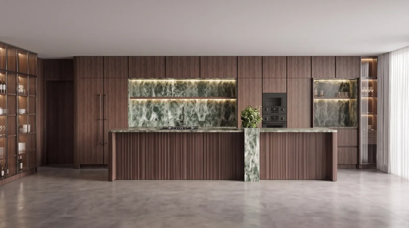 Render de cocina en nogal con isla acanalada y mármol verde