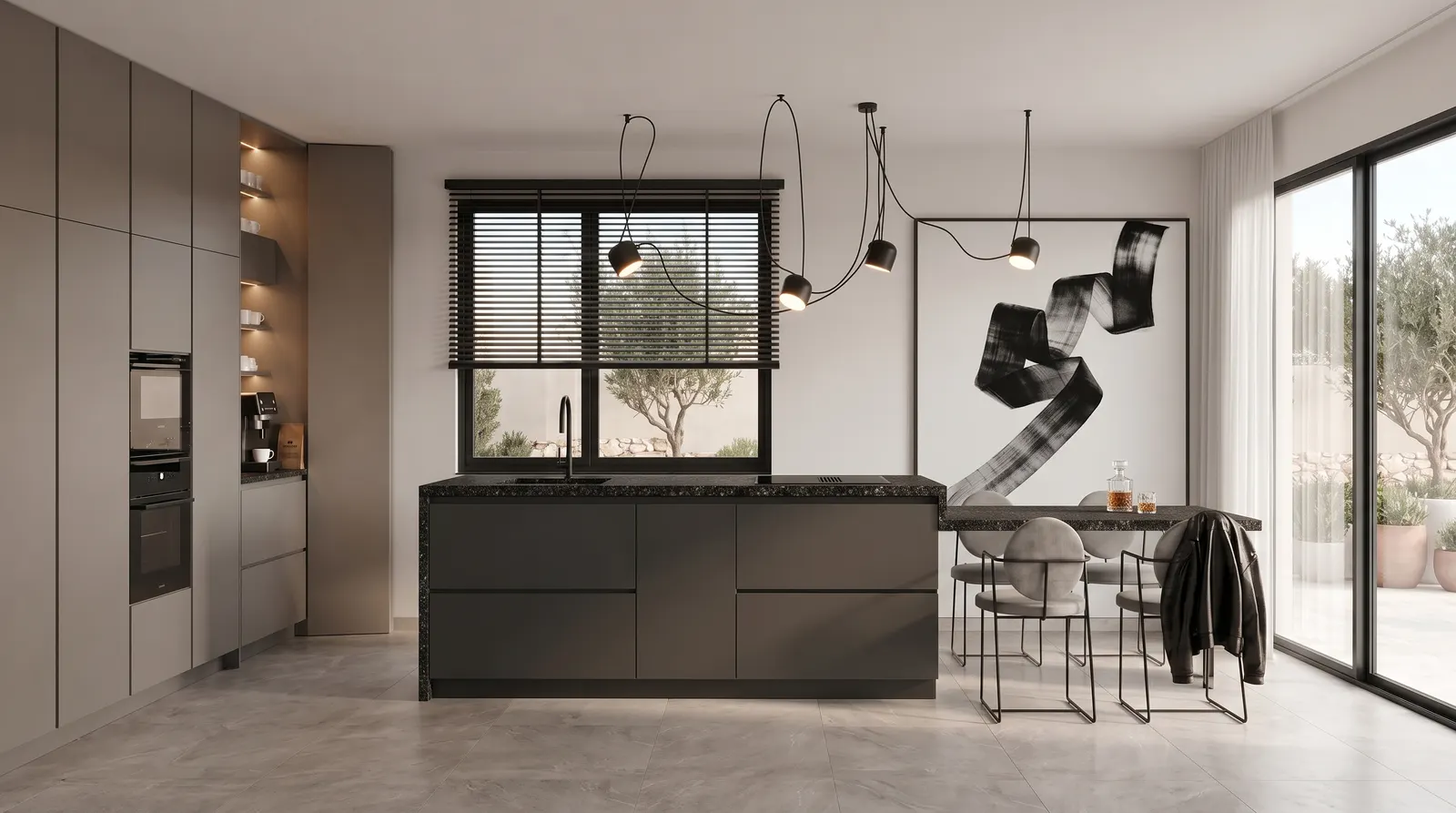 Render de cocina en gris y negro con isla, encimera de terrazo oscuro y office