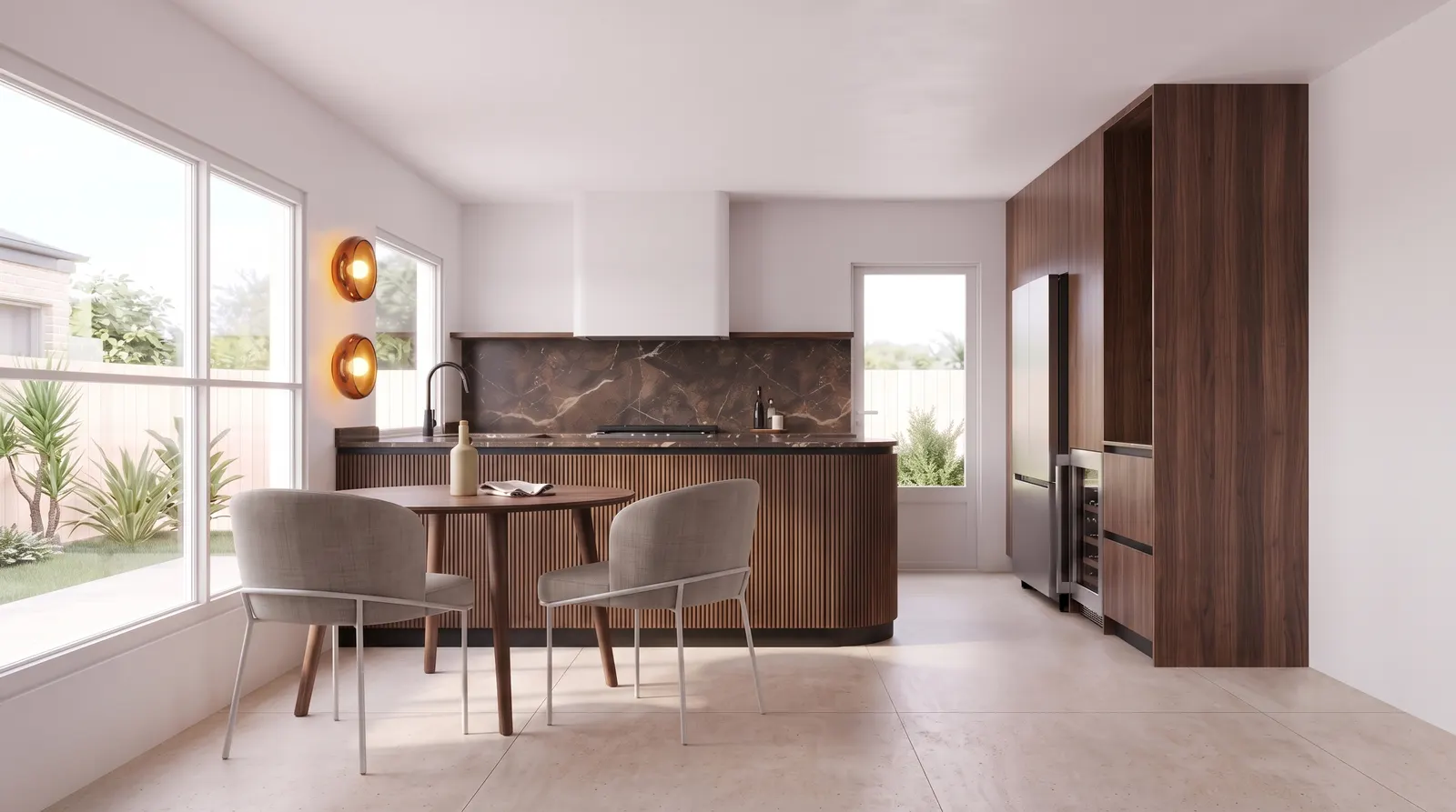 Render de cocina en nogal con península curva acanalada y columna de vinoteca