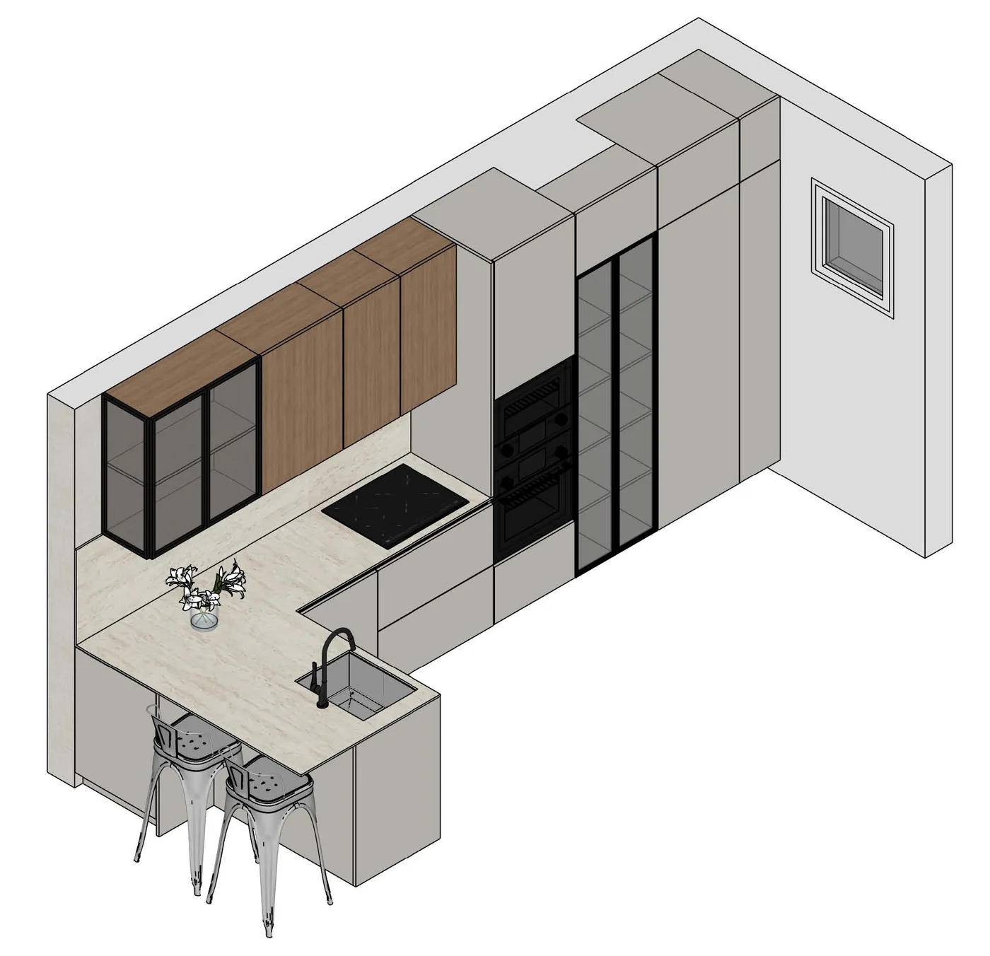 Axonometría del mismo proyecto: península, muebles altos con vitrina y columnas