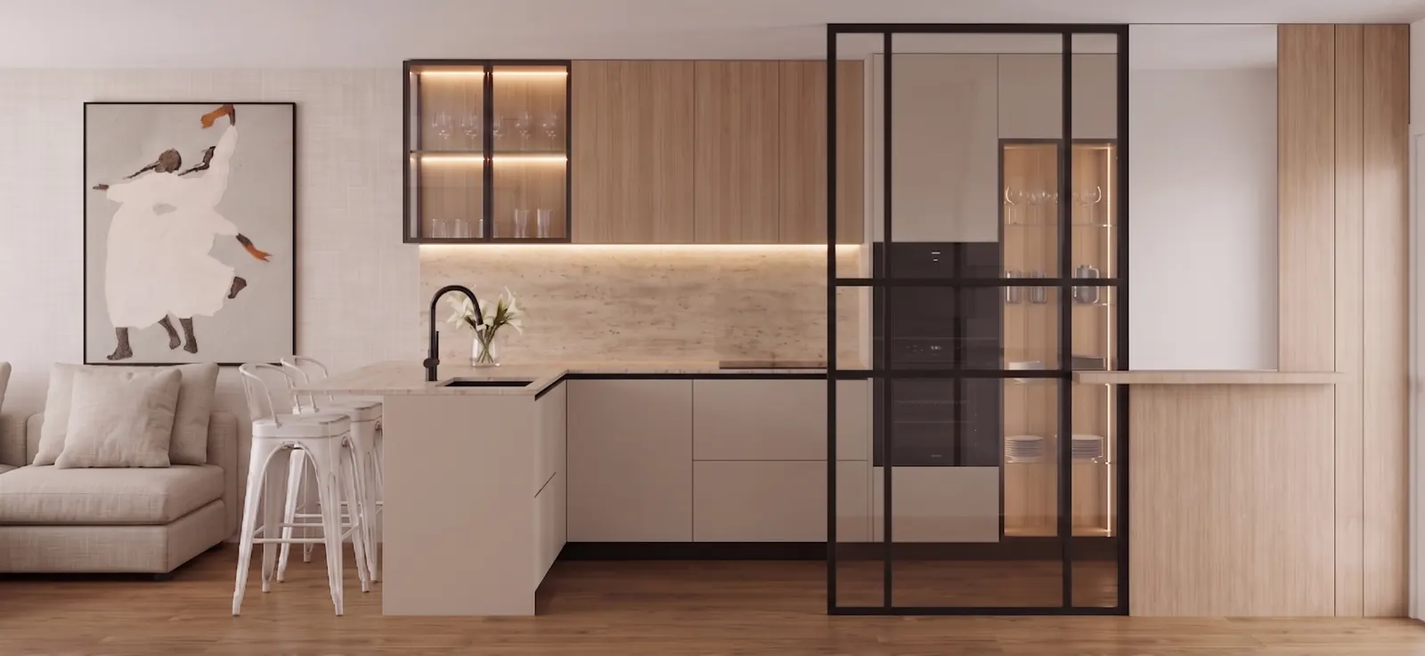 Render de cocina abierta con península, frentes en roble y cerramiento de vidrio con perfil negro