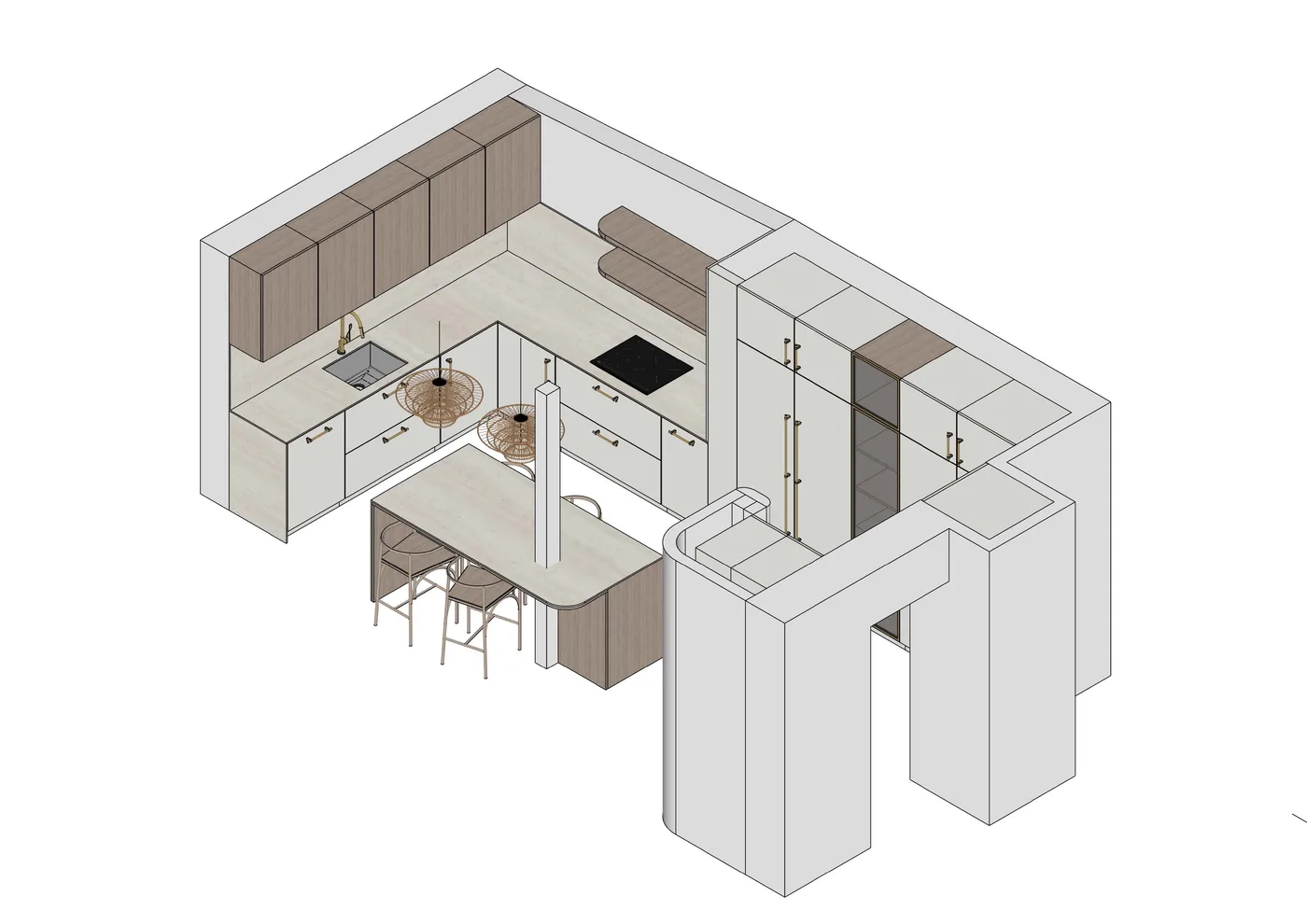 Axonometría del mismo proyecto: columnas, muebles altos e isla