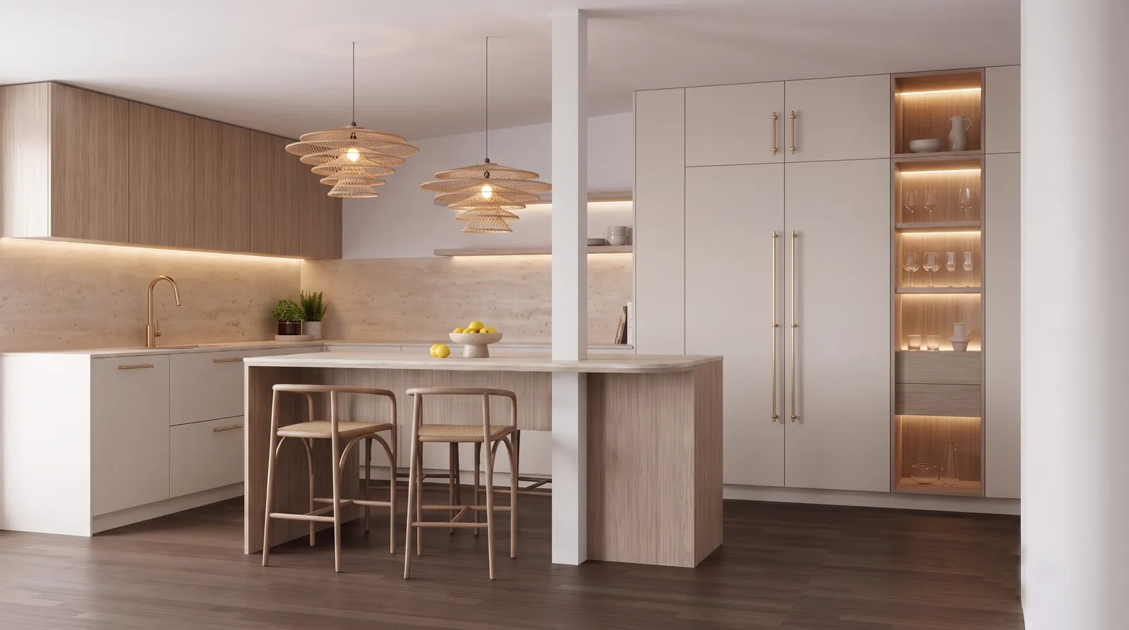 Render de cocina en roble claro con isla, travertino y herrajes en latón